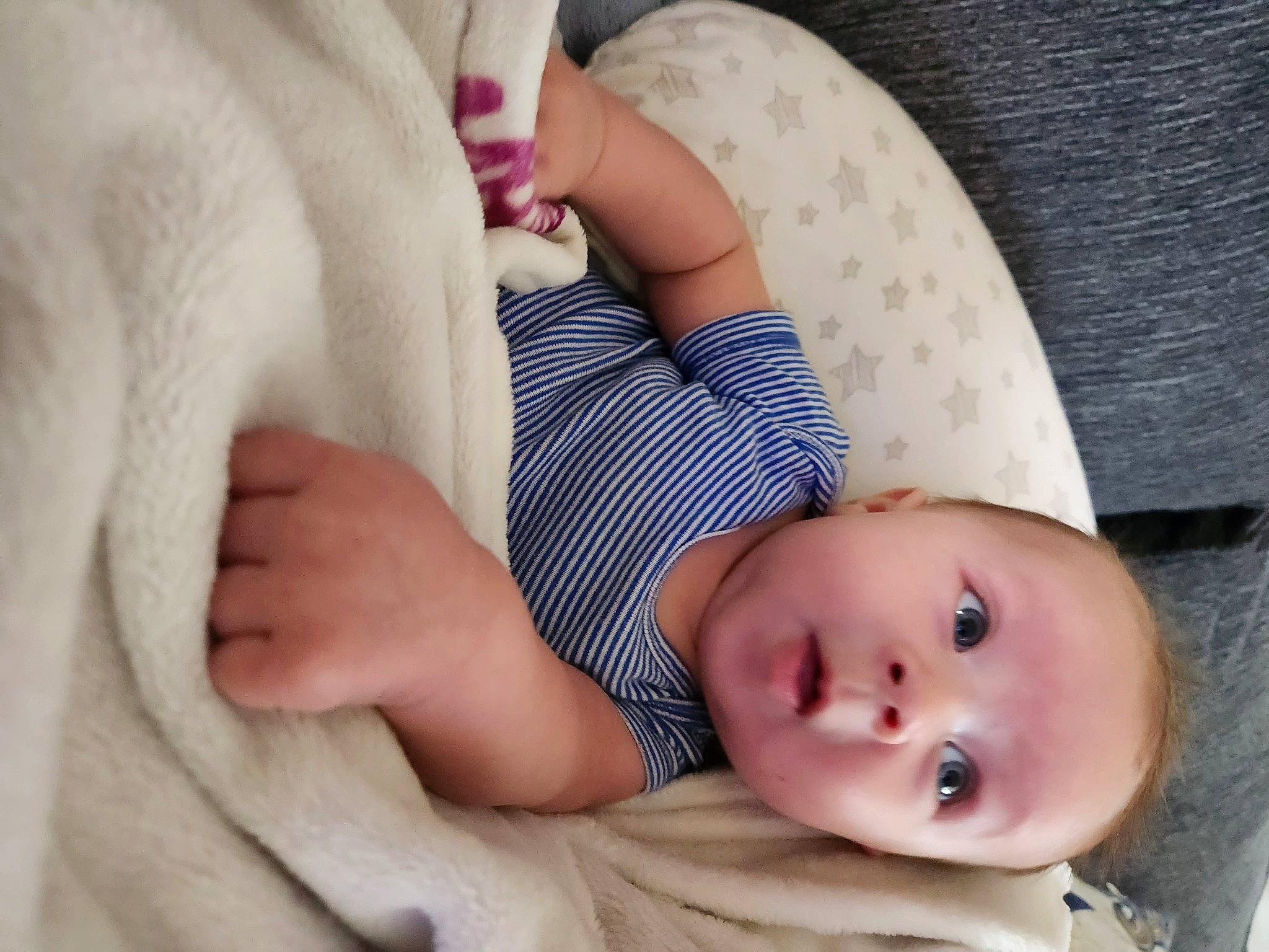 Morrison joined the competition — help win amazing prizes! baby, baby_sleeping, baby_toddler_clothing, cheek, child, comfort, eye, facial_expression, gesture, linens, lip, mammal, nose, pattern, person, skin, sleeve, surprise, textile, thumb