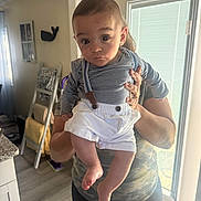 Robert is registered to the contest to win money with this photo: baby, child, infant, portrait, being_held, wide_eyes, serious_expression, striped_shirt, suspenders, white_shorts, indoor, home, kitchen, doorway, window, sunlight, adult, arms, furniture, photography
