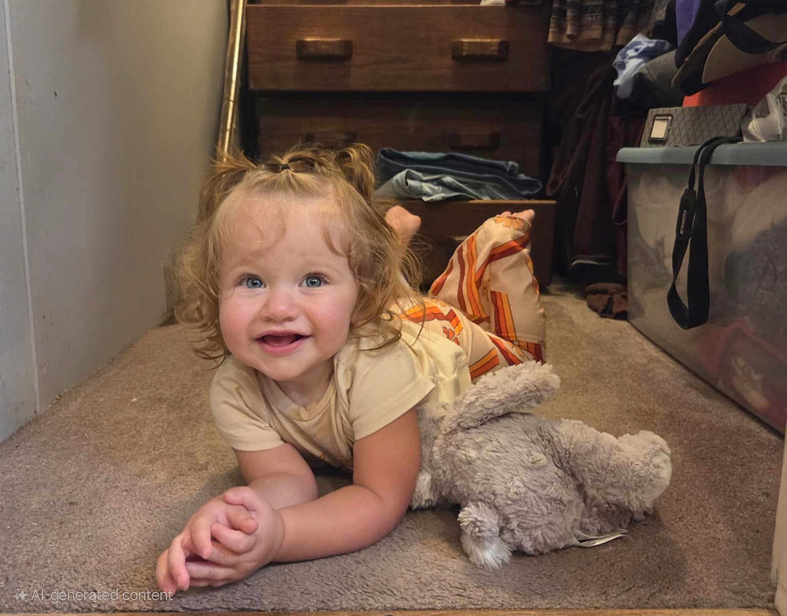 Aubrey is registered to the contest to win money with this photo: child, toddler, smiling, curly_hair, plush_toy, carpet, indoor, dresser, storage_bin, clothing, person, cute, happy, baby, floor, toy, room, casual, home, portrait
