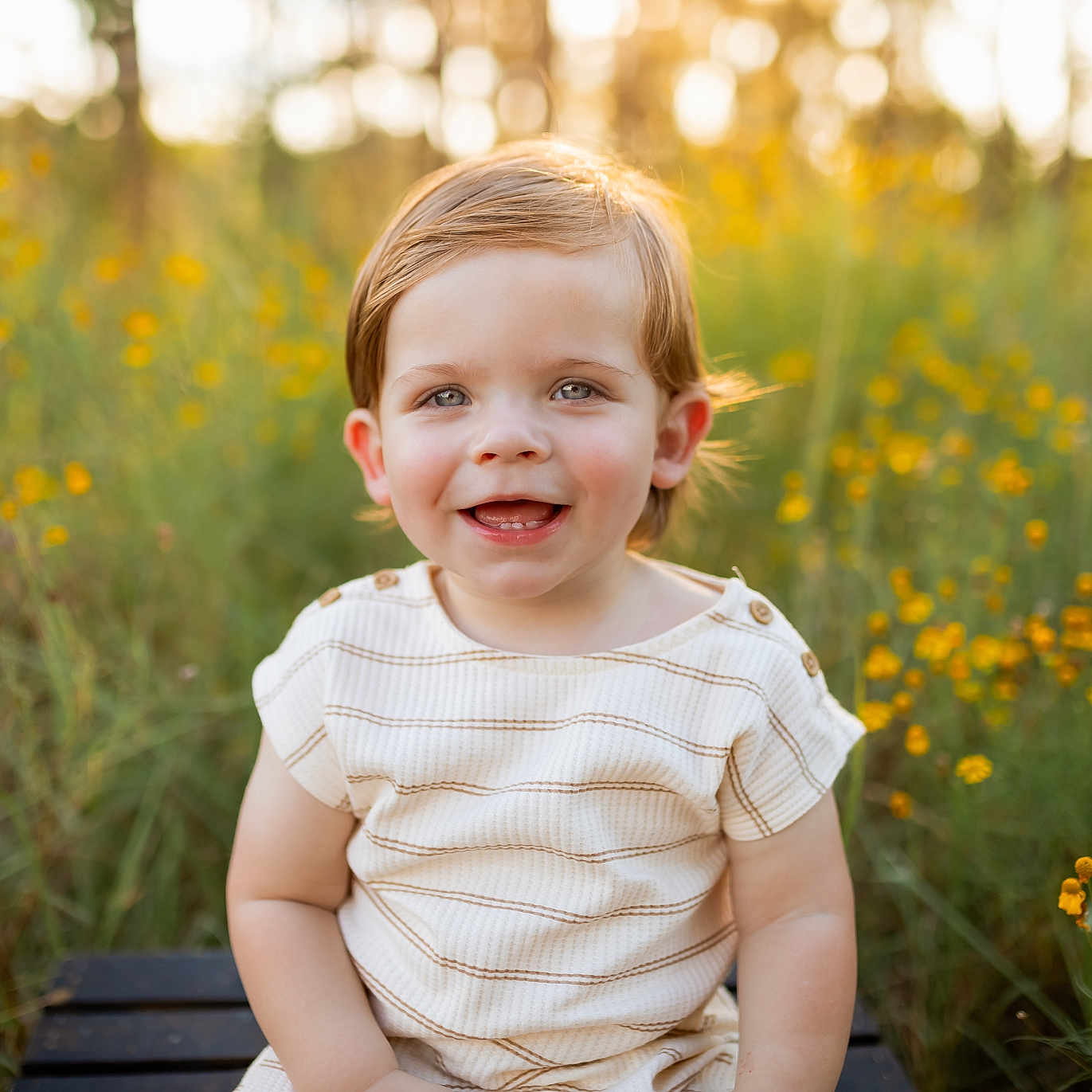 Parker joined the competition — help win amazing prizes! baby, clothing, daisy, dress, face, field, flower, grass, grassland, happy, head, laughing, nature, outdoors, person, photography, plant, portrait, sitting, smile