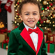 Ezra joined the competition — help win amazing prizes! child, smiling, holiday_clothing, green_jacket, red_bow_tie, christmas_tree, christmas_decorations, wrapped_presents, festive, holiday, indoors, portrait, happy, celebration, seasonal, young_child, curly_hair, formal_wear, background_bokeh, festive_spirit