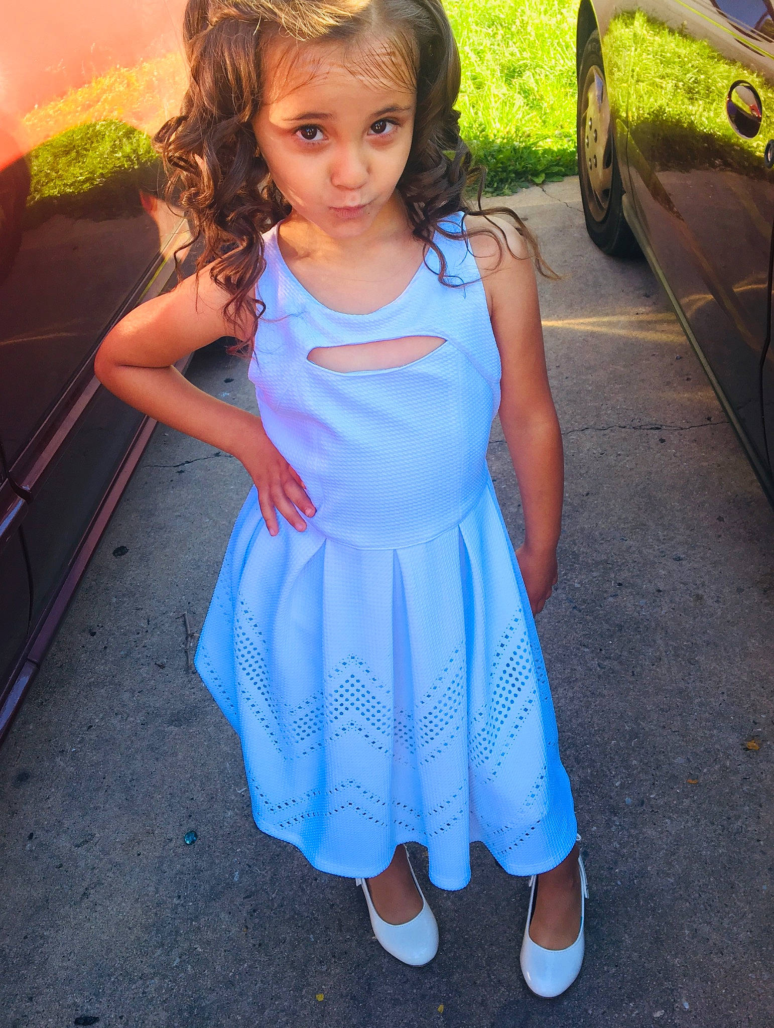 Leilani joined the competition — help win amazing prizes! blue, child, child_model, clothing, denim, dress, electric_blue, long_hair, pattern, person, shoe, smile, summer, textile, toddler, vacation