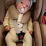 baby, infant, car_seat, pacifier, headwrap, pajamas, child, seatbelt, safety, cute, indoors, seat, resting, small, young, person, comfort, soft, wearing, strapped