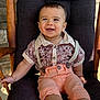Lucas joined the competition — help win amazing prizes! baby, child, smiling, sitting, chair, wooden_chair, cushion, floral_shirt, suspenders, peach_pants, happy, portrait, indoors, cute, young_child, short_hair, buttoned_shirt, barefoot, natural_light, closeup