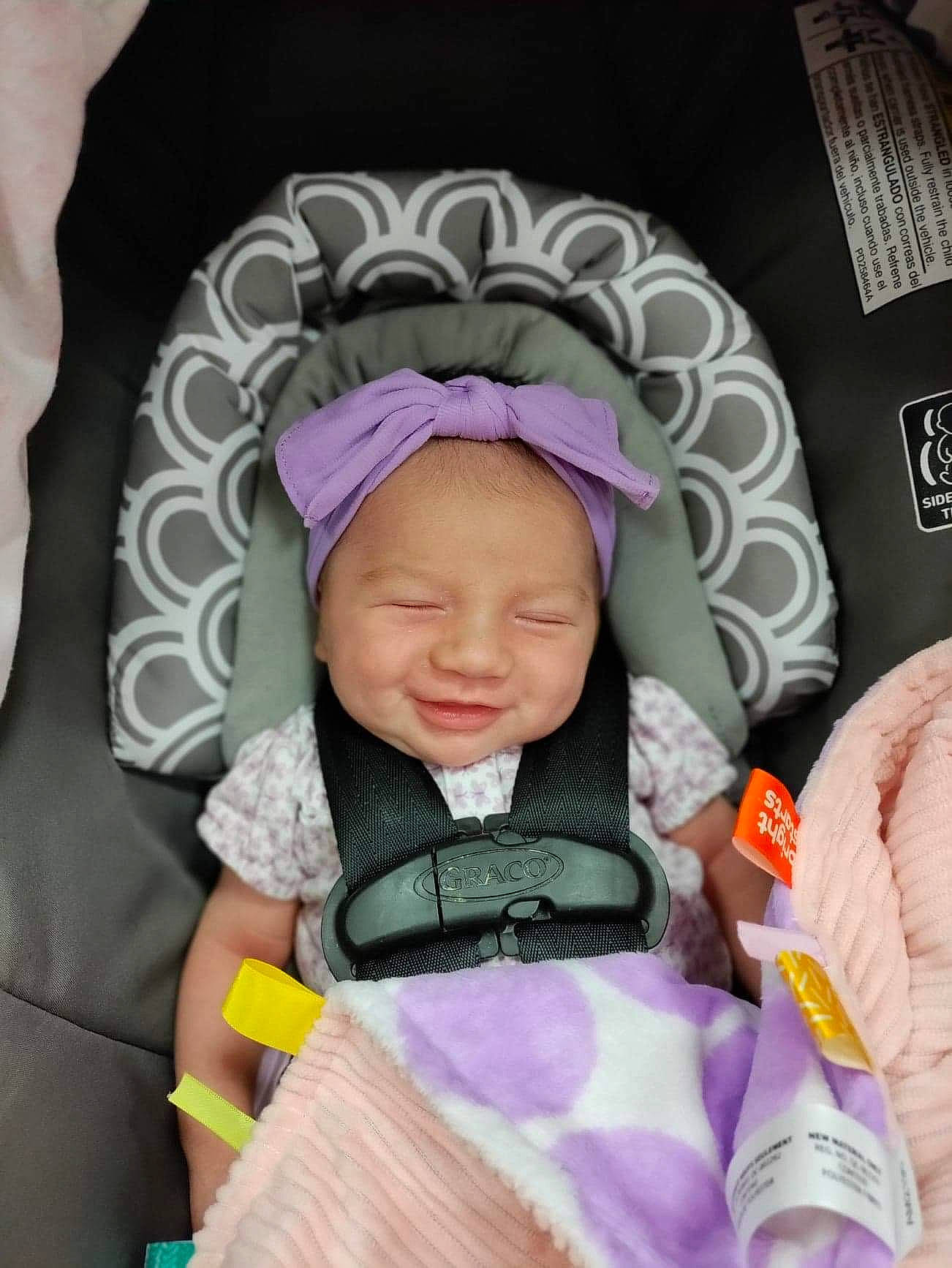Delilah is registered to the contest to win money with this photo: baby, baby_carriage, baby_in_car_seat, baby_sleeping, cheek, comfort, eye, face, finger, head, headwear, mouth, outerwear, person, pink, purple, seat_belt, skin, sleeve, smile