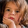 toddler, child, face, hand, brown_hair, curious, close_up, portrait, expression, young_child, skin, eyelashes, clothing, patterned_shirt, indoor, resting, cute, person, young_face, soft_light