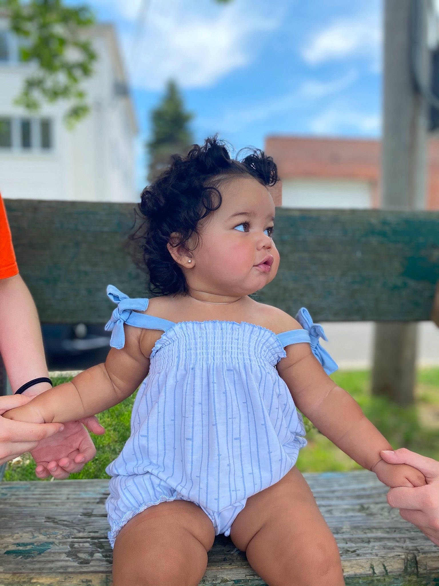 Khileesi is registered to the contest to win money with this photo: azure, baby_toddler_clothing, barefoot, cloud, fun, grass, hairstyle, happy, iris, leg, leisure, person, plant, skin, sky, standing, thigh, toddler, tree, trunk