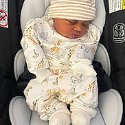 Adriel is registered to the contest to win money with this photo: baby, sleeping, car_seat, infant, hat, striped_hat, animal_print, onesie, cozy, newborn, white_clothing, cute, child, footwear, socks, seat_belt, safety, resting, indoor, portrait