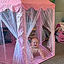 Elsie joined the competition — help win amazing prizes! baby, child, play_tent, pink, curtains, indoor, carpet, crawling, smiling, toy, doll, furniture, book, soft_toys, floor, room, cute, home, childhood, happy