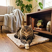 Powder joined the competition — help win amazing prizes! cat, tabby, fluffy, pet, animal, sitting, crossed_paws, portrait, indoor, living_room, cozy, rug, bookshelf, books, houseplant, wooden_floor, furniture, blanket, sunlight, home_decor