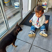 Olfie participe au concours pour gagner de l'argent avec cette photo : toddler, dog, baby, sitting, indoor, tile_floor, high_chair, glass_door, sunlight, pet, child, bib, jeans, sneakers, snack, home, kitchen, curious, portrait, family
