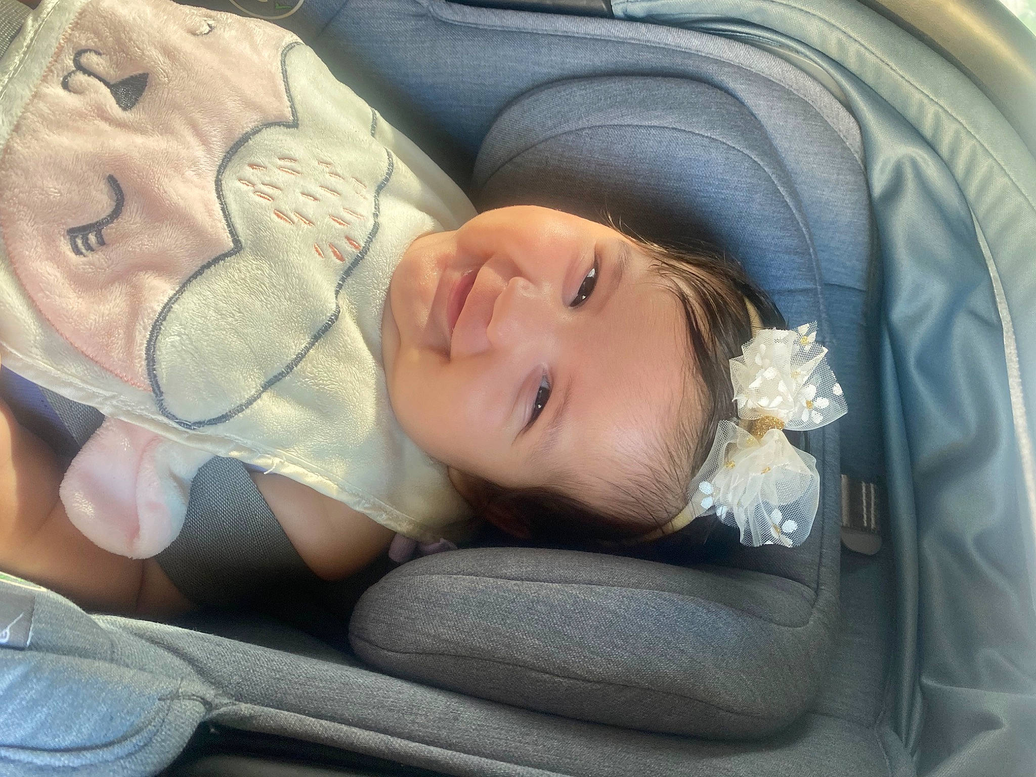 Adelynn joined the competition — help win amazing prizes! auto_part, baby_carriage, car_seat, cheek, comfort, face, facial_expression, finger, gesture, happy, head, joy, mammal, nose, person, product, skin, smile, textile, toddler