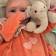 Avoye a rejoint le concours — aidez-le/la à gagner de superbes lots ! baby, baby_girl, blanket, child, comfort, cozy, cute, elephant, eyes, face, hand, indoors, infant, lying_down, orange_clothing, plush_toy, portrait, sleepwear, soft_toy, toddler