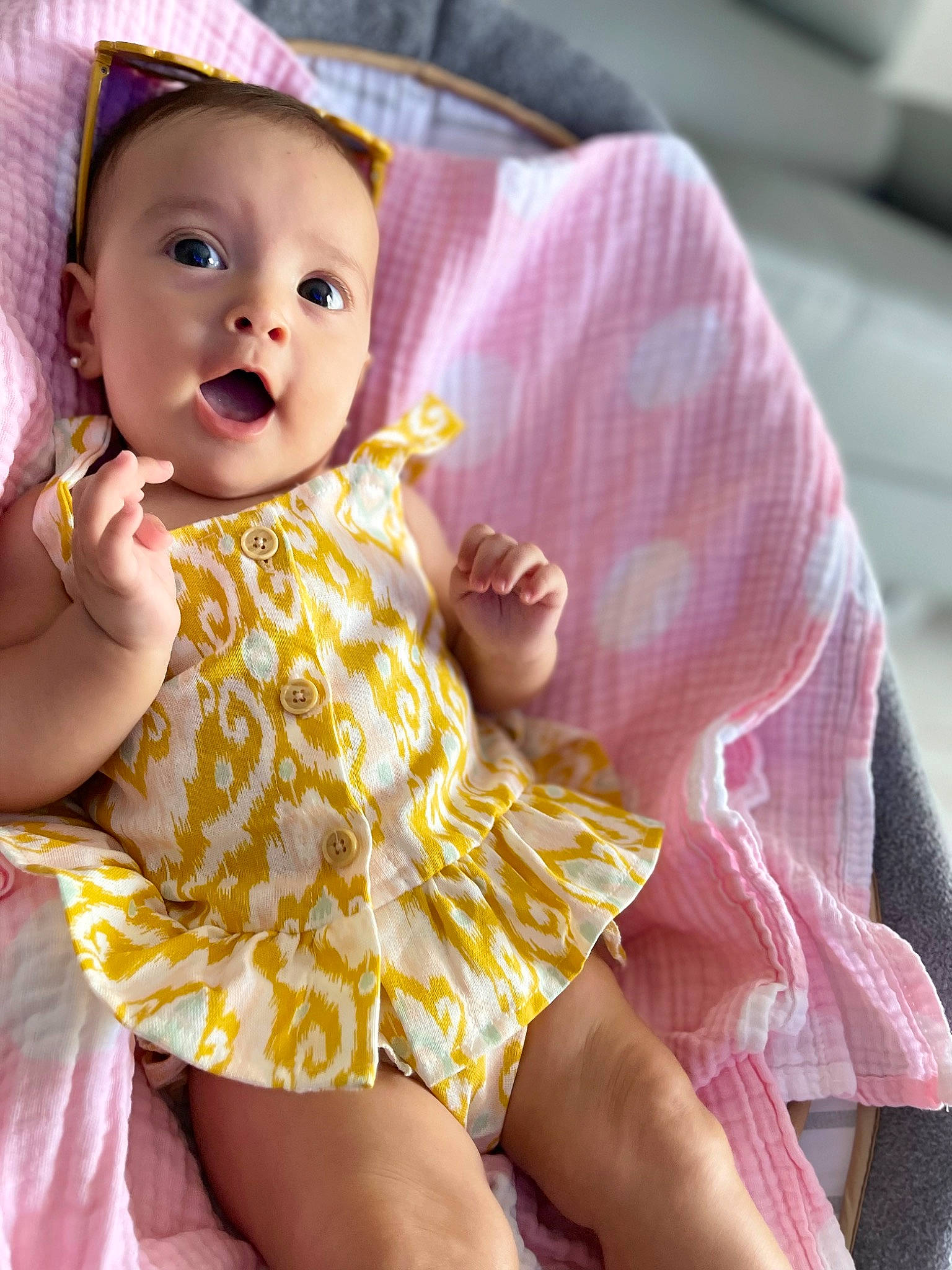 Amaya joined the competition — help win amazing prizes! baby_toddler_clothing, cheek, child, comfort, day_dress, dress, eye, face, finger, happy, human_leg, lip, magenta, one_piece_garment, person, pink, purple, skin, surprise, textile