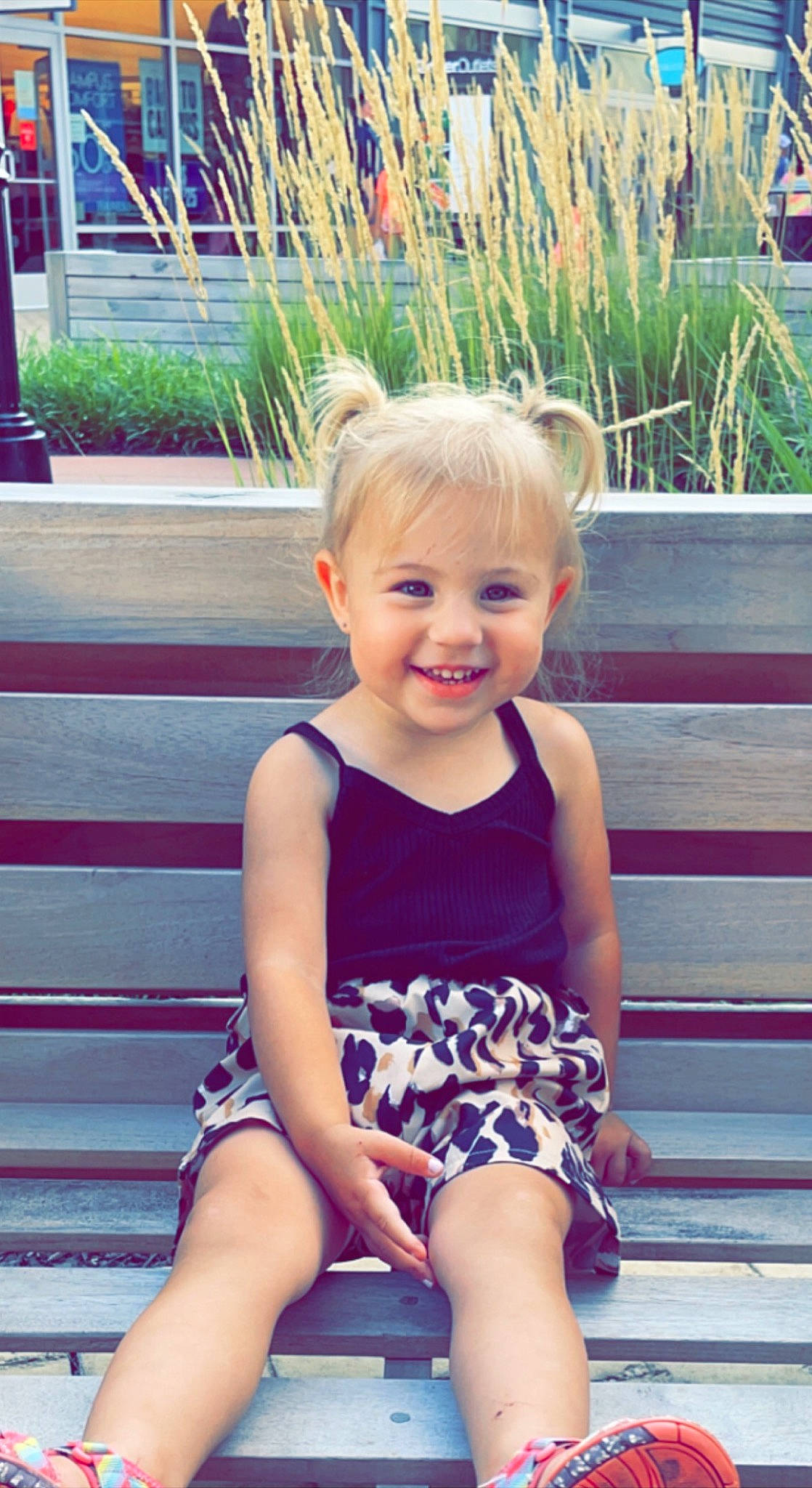 Lilliana joined the competition — help win amazing prizes! baby_toddler_clothing, child, cool, facial_expression, fun, hairstyle, happy, iris, joy, leisure, person, photograph, pink, plant, purple, skin, smile, standing, summer, thigh