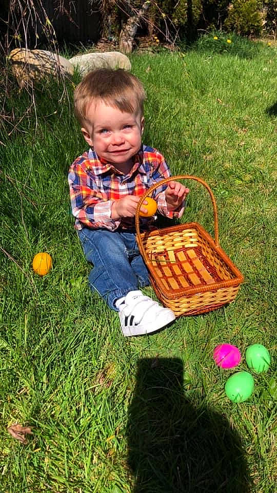 Kaisen is registered to the contest to win money with this photo: basket, child, easter, easter_egg, grass, holiday, joy, person, play, toddler