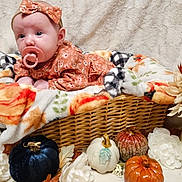 Elizabeth is registered to the contest to win money with this photo: baby, infant, pacifier, headband, basket, blanket, pumpkin, flower, autumn, fall_decor, cozy, cute, portrait, indoors, soft_texture, decorative, child, seasonal, smiling, resting