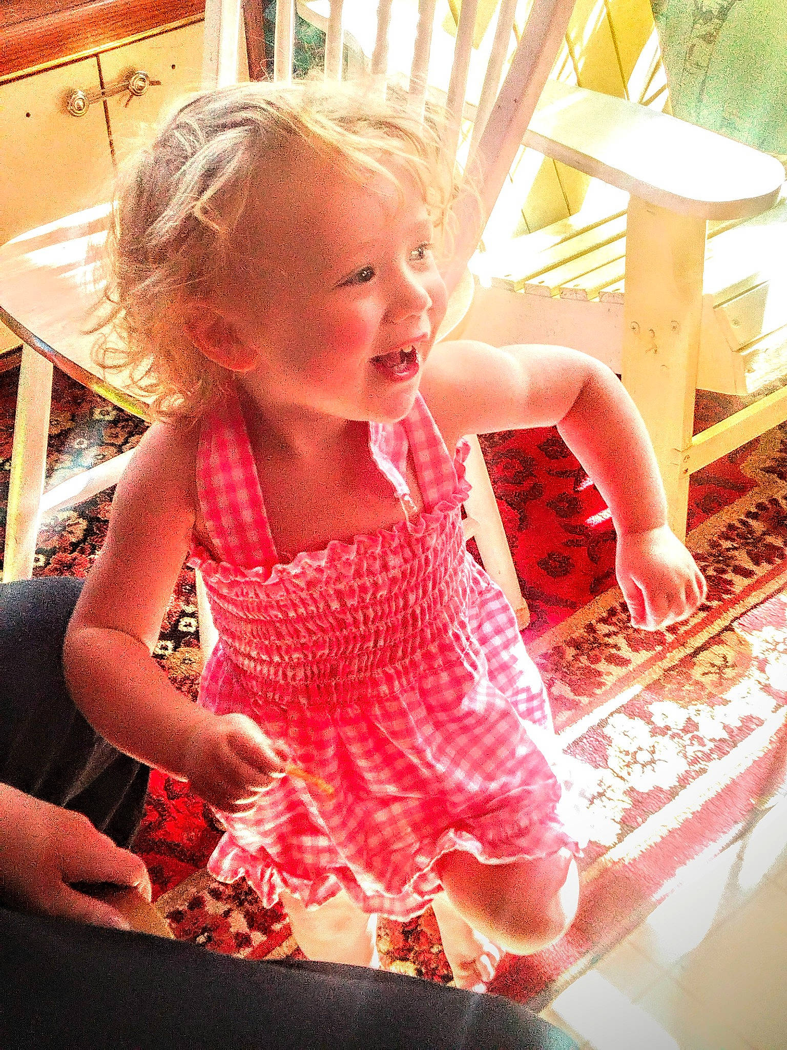 Brooklyn joined the competition — help win amazing prizes! baby_toddler_clothing, chair, child, embellishment, finger, flesh, fun, happy, leisure, magenta, pattern, person, pink, play, recreation, sitting, sleeve, smile, sweetness, thigh