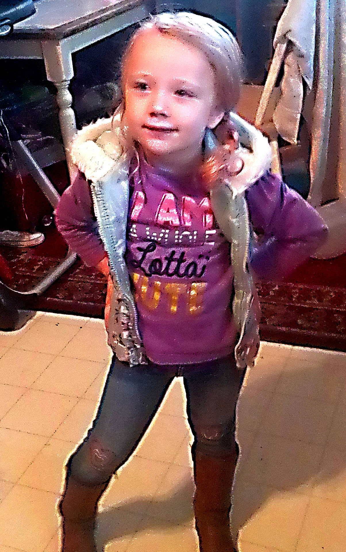 Brooklyn is registered to the contest to win money with this photo: bodypart, child, clothing, coat, costume, face, female, finger, food, girl, glove, hand, head, jacket, pants, person, photography, portrait, sweets, vest