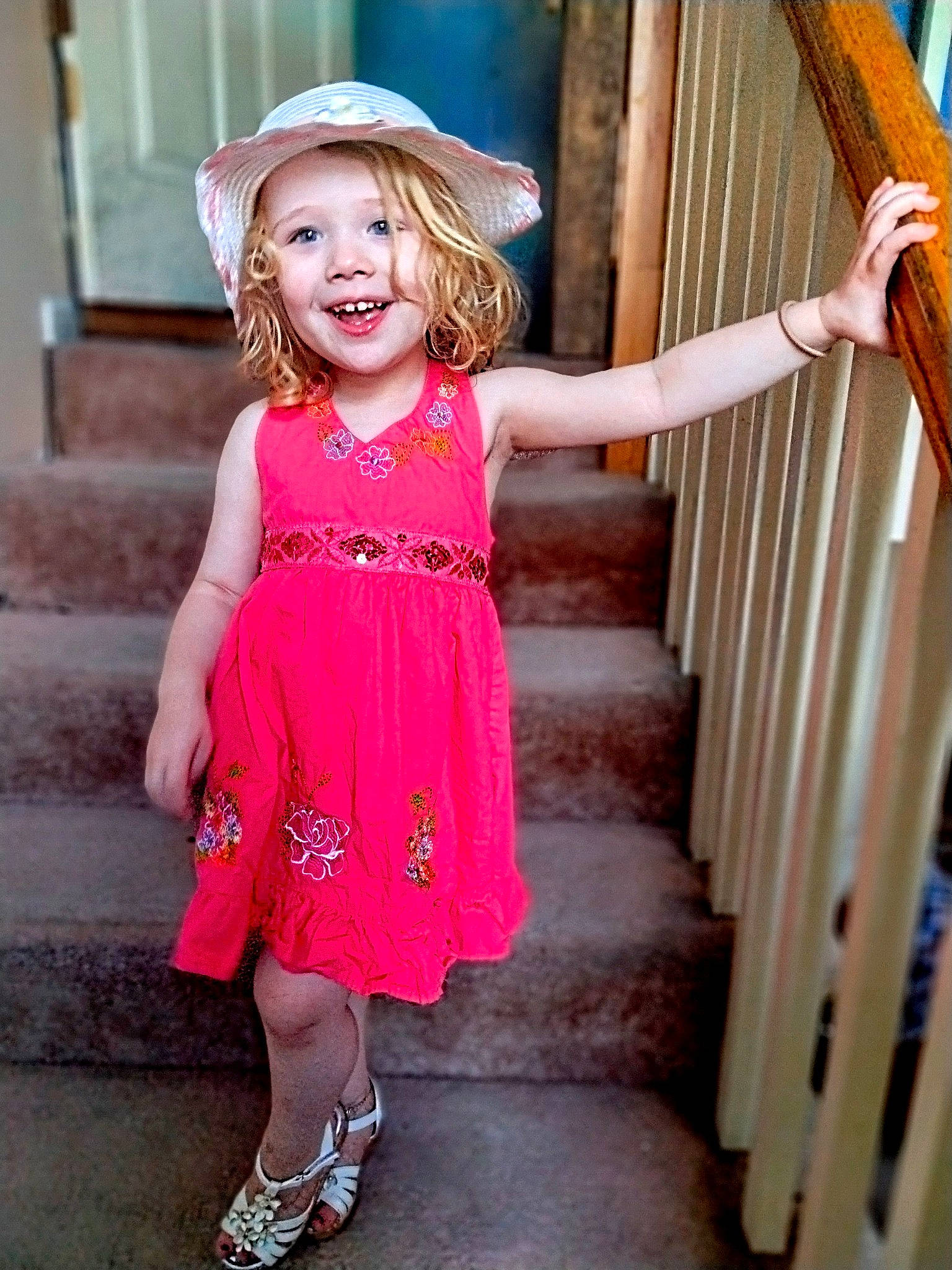 Brooklyn is registered to the contest to win money with this photo: baby_toddler_clothing, day_dress, dress, flash_photography, fun, happy, hat, human_body, leg, one_piece_garment, people, person, pink, skin, sleeve, smile, standing, sun_hat, toddler, waist