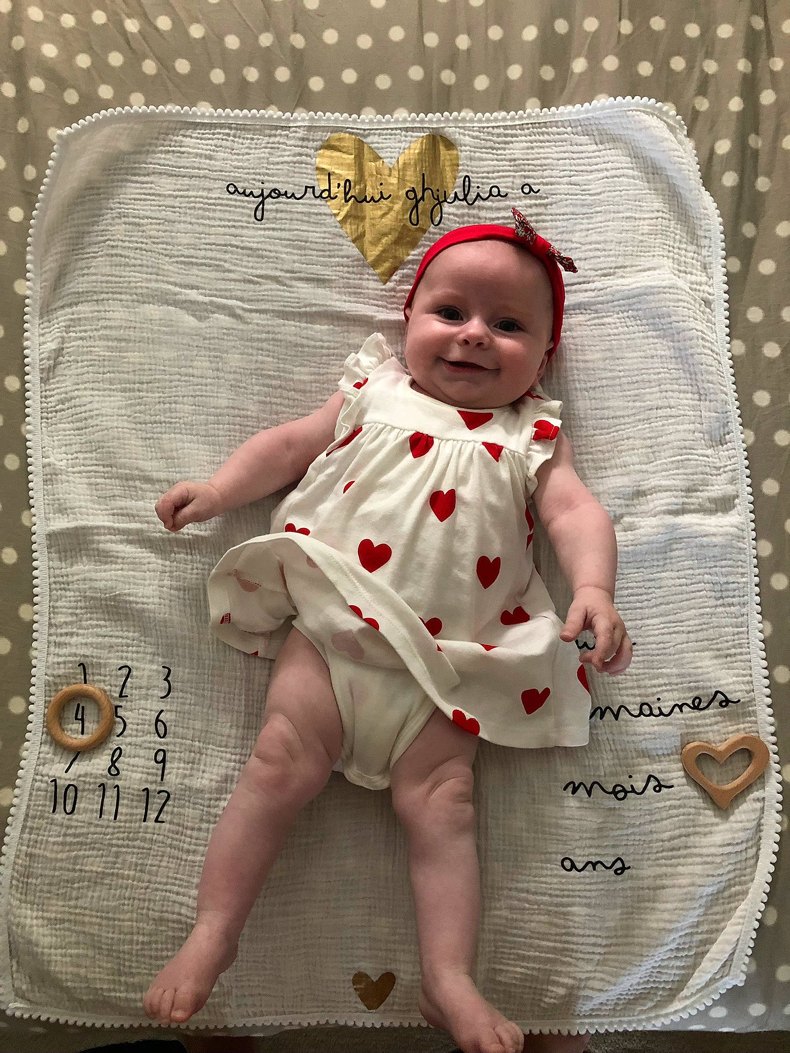 Ghjulia a rejoint le concours — aidez-le/la à gagner de superbes lots ! baby, baby_products, baby_toddler_clothing, child, dress, face, foot, hand, happy, joy, linens, magenta, one_piece_garment, pattern, person, pink, product, skin, sleeve, smile