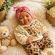 Romy participe au concours pour gagner de l'argent avec cette photo : baby, infant, smiling, headwrap, leopard_print, teddy_bear, blanket, plant, basket, cozy, cute, indoors, child, portrait, soft, warm, happy, sitting, furniture, decor