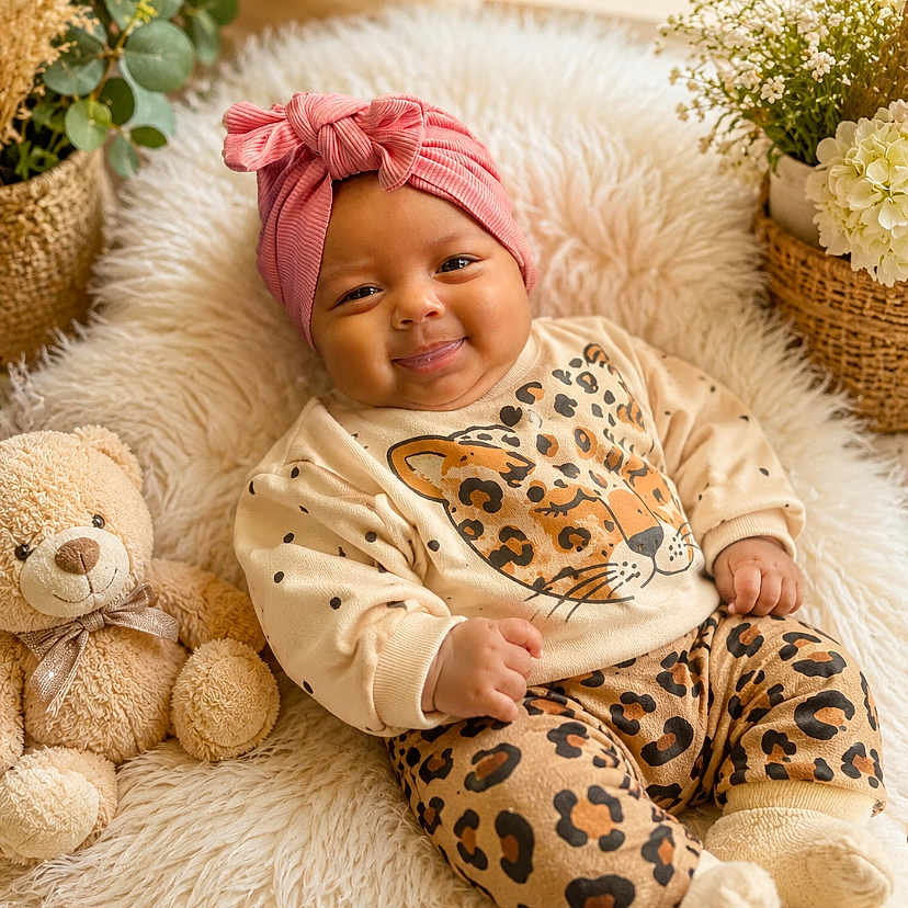 Romy participe au concours pour gagner de l'argent avec cette photo : baby, infant, smiling, headwrap, leopard_print, teddy_bear, blanket, plant, basket, cozy, cute, indoors, child, portrait, soft, warm, happy, sitting, furniture, decor