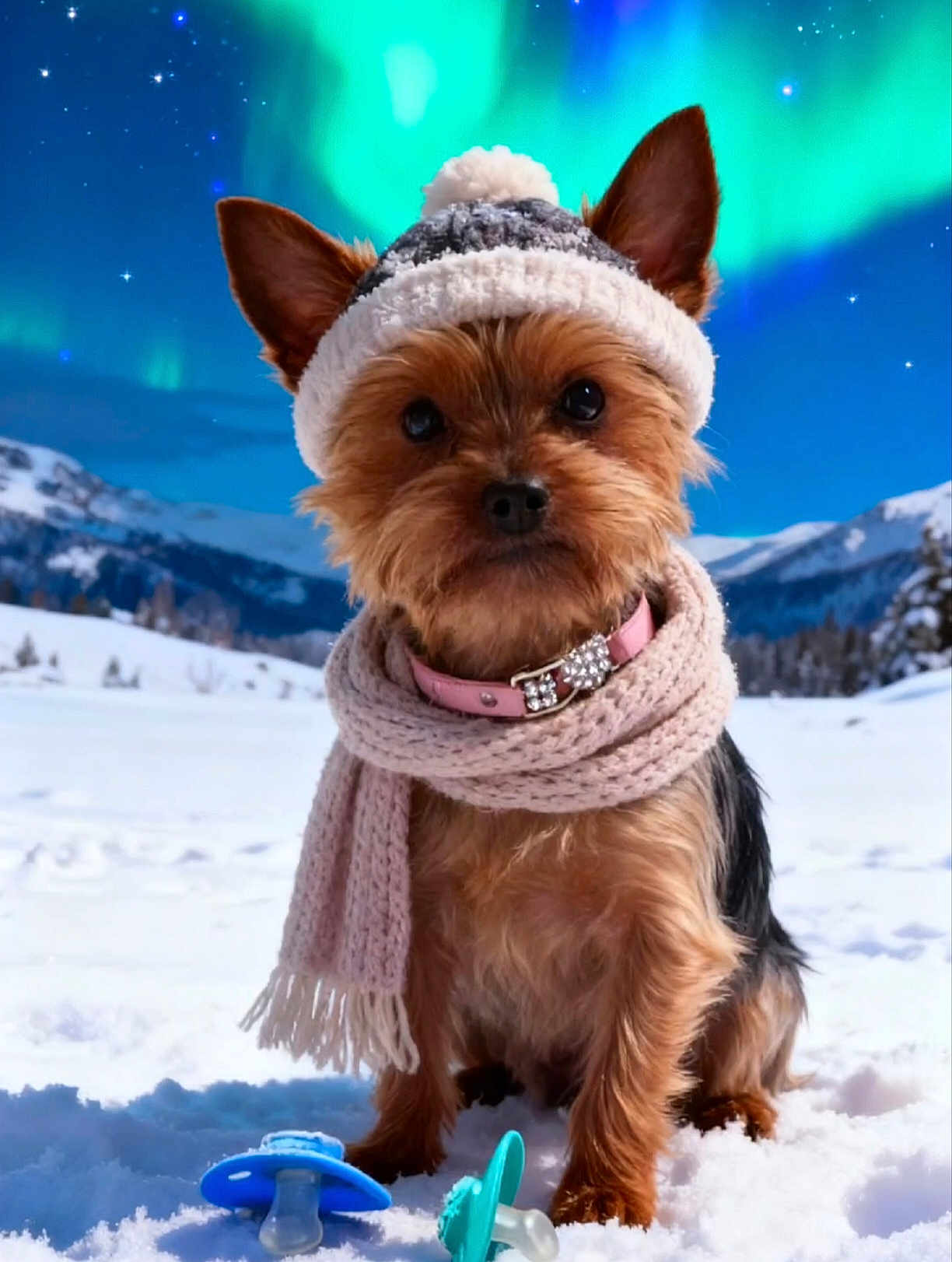 Neli participe au concours pour gagner de l'argent avec cette photo : dog, yorkshire_terrier, winter, snow, hat, scarf, pacifier, mountains, northern_lights, outdoor, cold_weather, cute, pet, animal, fur, nature, sky, landscape, small_dog, accessory