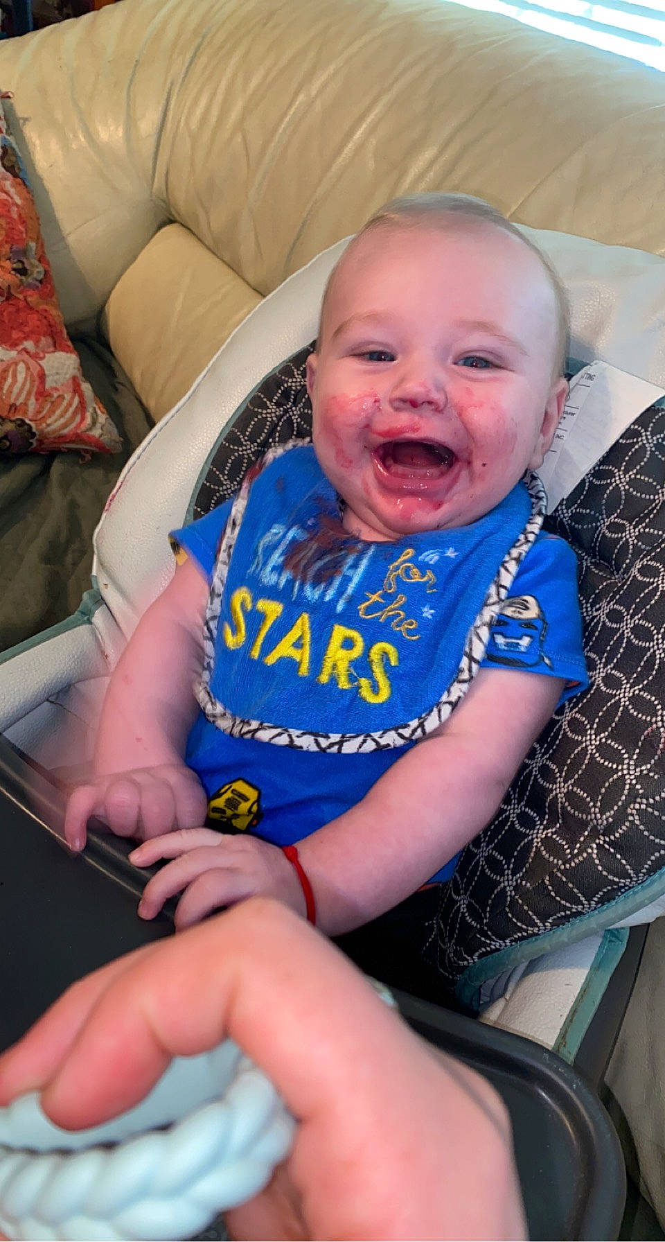 Mayze joined the competition — help win amazing prizes! baby, baby_toddler_clothing, chair, cheek, child, comfort, finger, fun, hairstyle, happy, human_leg, iris, lap, mouth, person, product, skin, smile, thigh, thumb