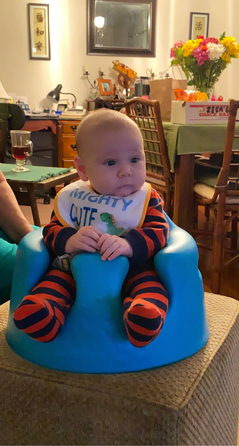 Mayze is registered to the contest to win money with this photo: baby, baby_toddler_clothing, bib, chair, child, comfort, finger, flooring, flower, fun, furniture, houseplant, person, picture_frame, play, room, sitting, table, thigh, thumb