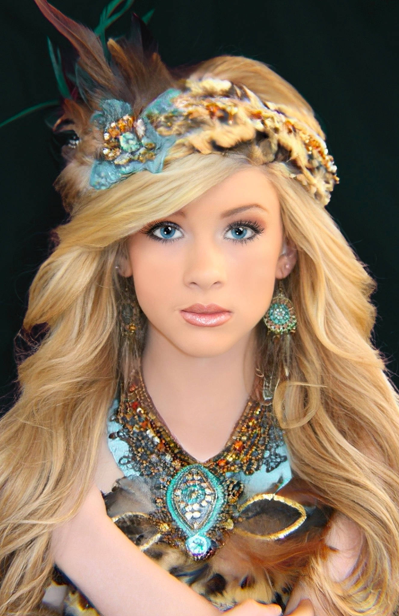 Rosie joined the competition — help win amazing prizes! azure, cool, costume_hat, earrings, electric_blue, eyebrow, eyelash, fashion, fashion_design, fashion_model, fawn, feather, hairstyle, hat, headgear, headpiece, jewellery, long_hair, necklace, person