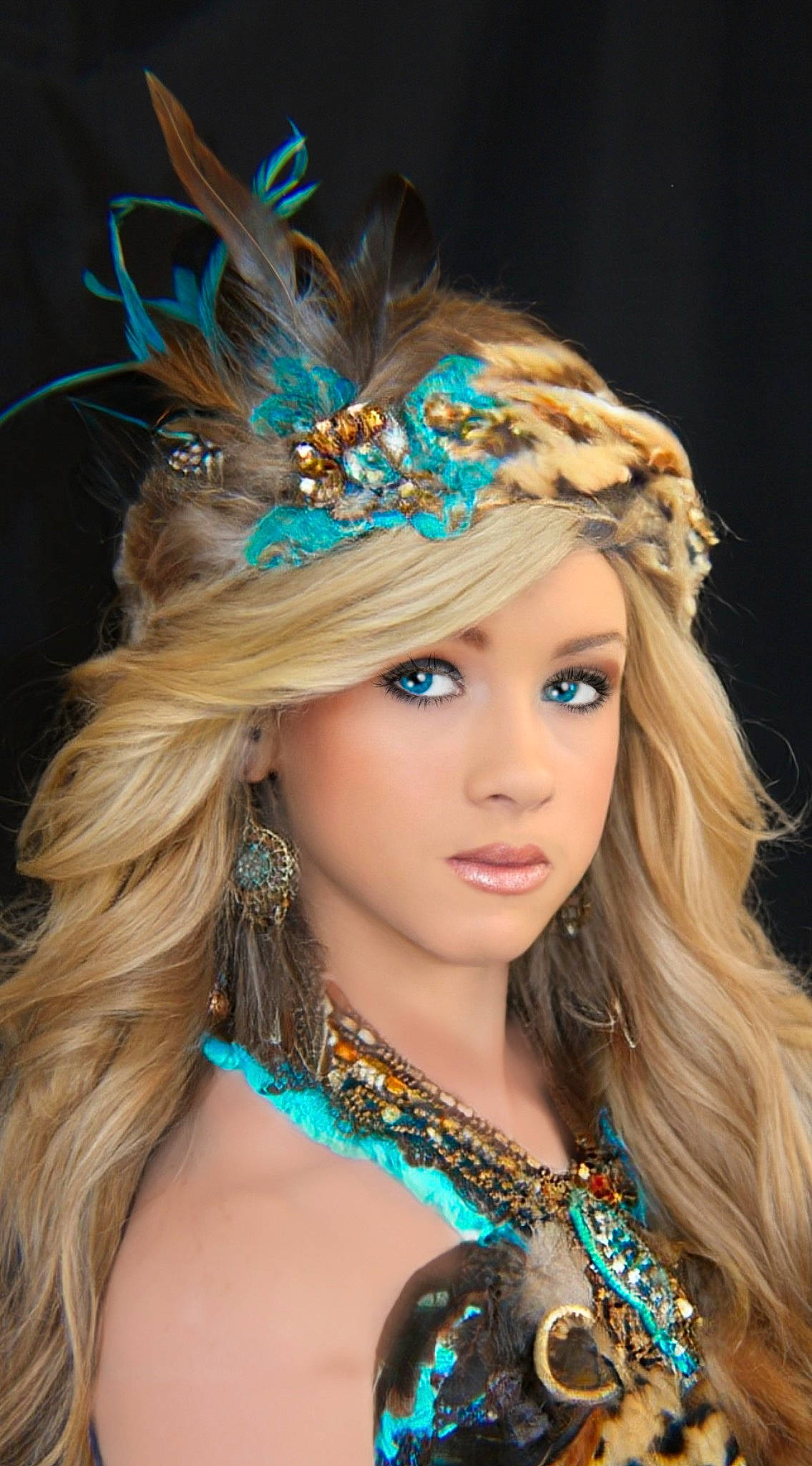 Rosie is registered to the contest to win money with this photo: aqua, azure, blue, body_jewelry, earrings, electric_blue, event, eyebrow, eyelash, fashion_design, fashion_model, feather, flash_photography, hairstyle, headgear, headpiece, jewellery, long_hair, makeover, necklace