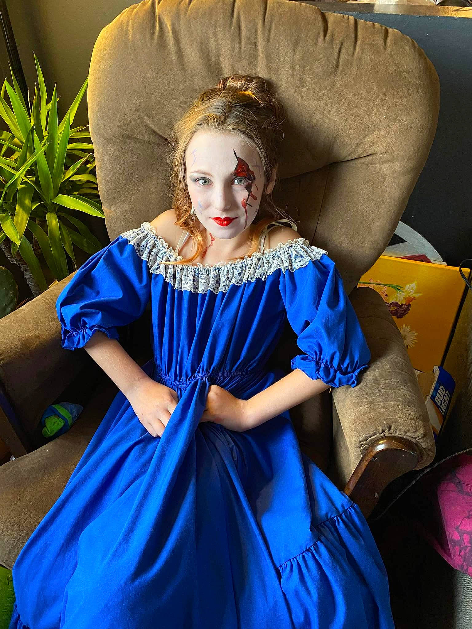 Evelyn joined the competition — help win amazing prizes! azure, chair, day_dress, dress, electric_blue, eye, face, fashion_design, flash_photography, formal_wear, gown, hair, head, headpiece, joy, long_hair, one_piece_garment, person, purple, shoulder