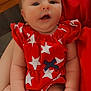 Alexis joined the competition — help win amazing prizes! baby, infant, child, freckles, red_clothing, star_pattern, bow, hand, legs, face, indoor, furniture, wood, holding, person, cute, expression, skin, newborn, portrait