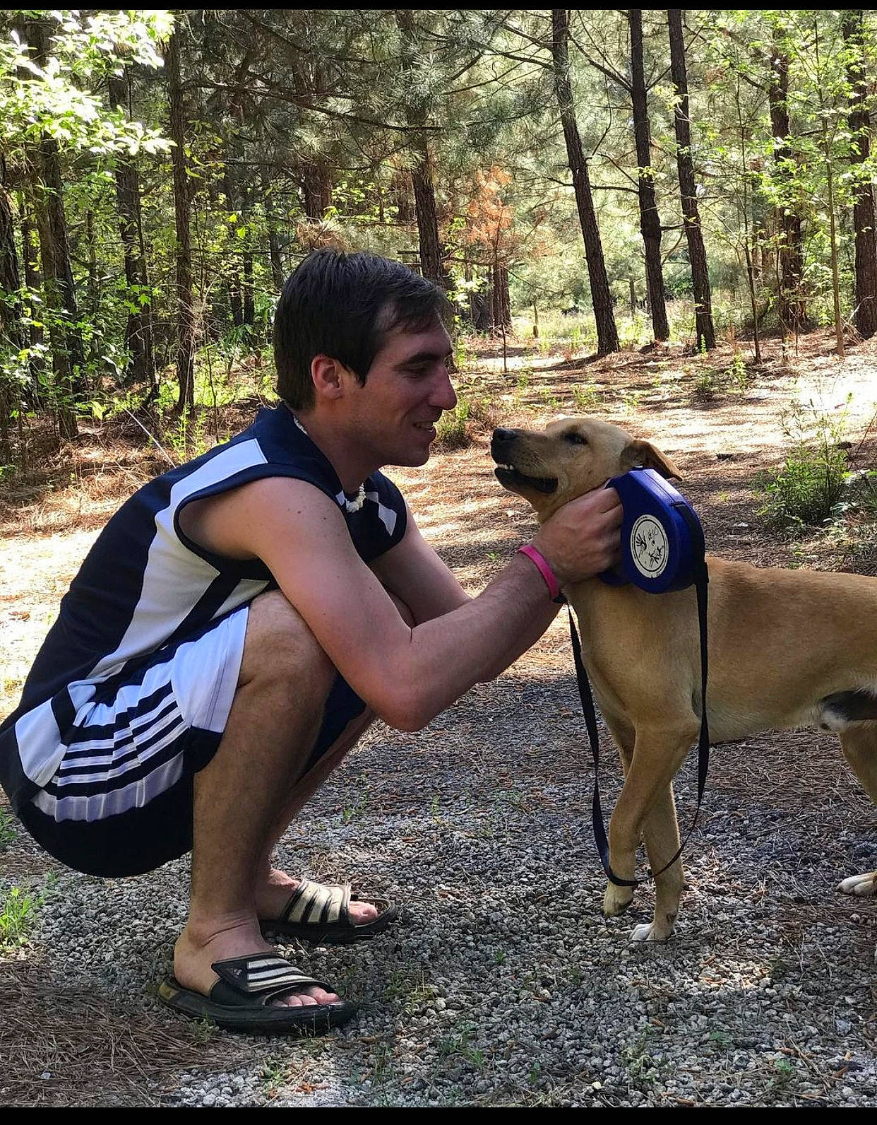 Boy is registered to the contest to win money with this photo: adventure, backpack, carnivore, companion_dog, dog, dog_breed, fawn, forest, human_leg, leg, leisure, luggage_and_bags, outdoor_recreation, people_in_nature, plant, recreation, thigh, trail, tree, working_animal