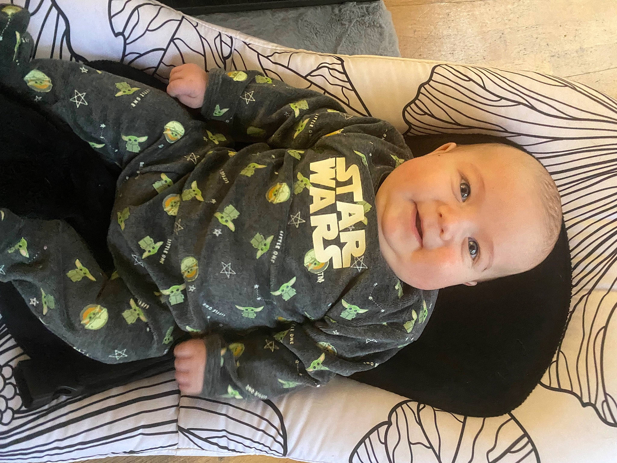 Gauthier participe au concours pour gagner de l'argent avec cette photo : baby, baby_products, baby_toddler_clothing, black_hair, cheek, child, comfort, eye, face, hand, head, human_body, linens, pattern, person, skin, sleeve, smile, toddler, tree