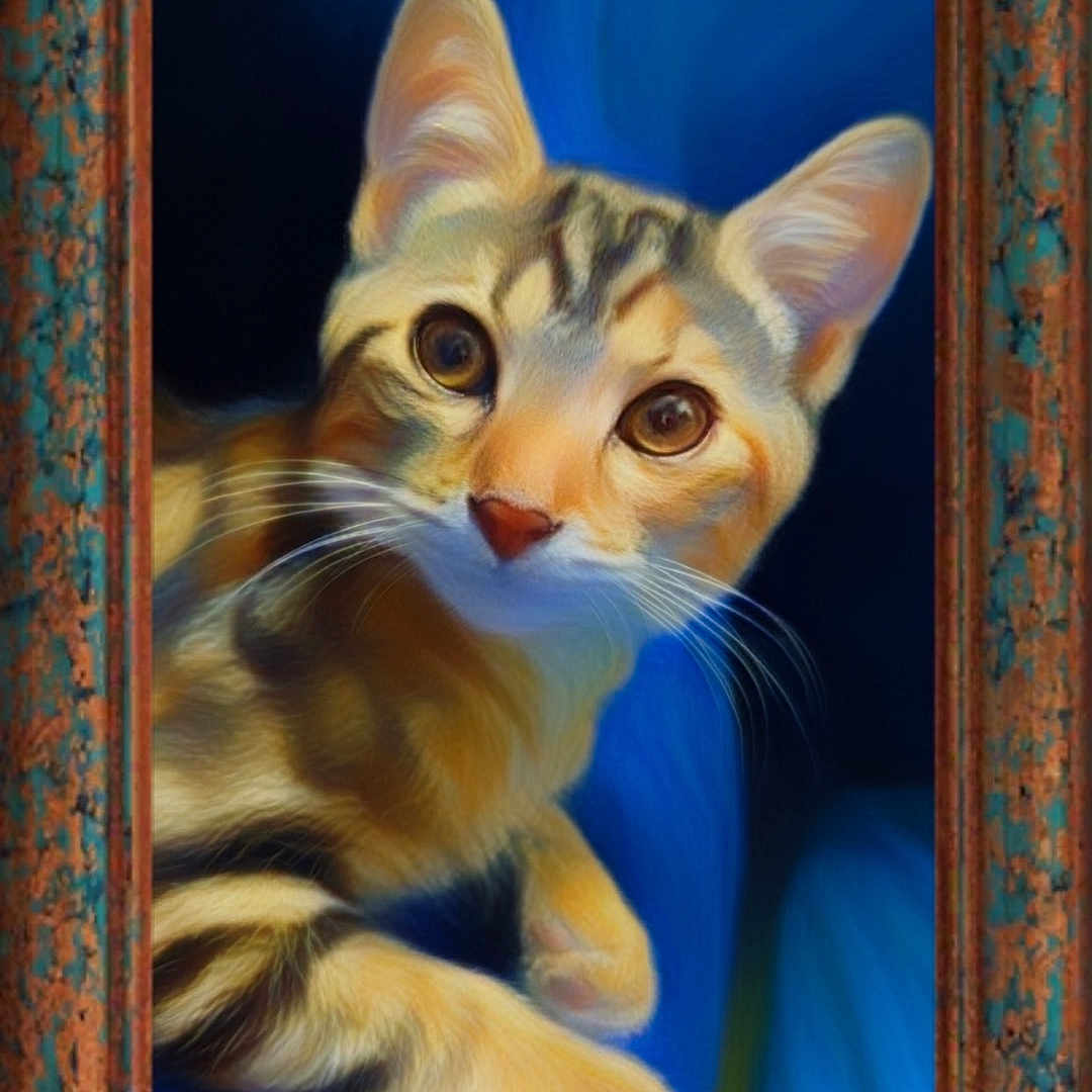 Sasa a rejoint le concours — aidez-le/la à gagner de superbes lots ! animal_portrait, art, artwork, blue_background, brush_strokes, cat, claude_monet, closeup, decor, feline, frame, illustration, impressionism, orange_tabby, painting, portrait, rustic_frame, signature, texture, whiskers