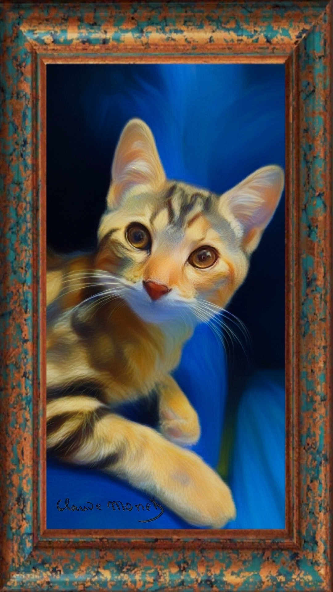 Sasa a rejoint le concours — aidez-le/la à gagner de superbes lots ! painting, cat, art, impressionism, frame, blue_background, rustic_frame, whiskers, animal_portrait, feline, brush_strokes, signature, claude_monet, decor, closeup, illustration, orange_tabby, artwork, texture, portrait