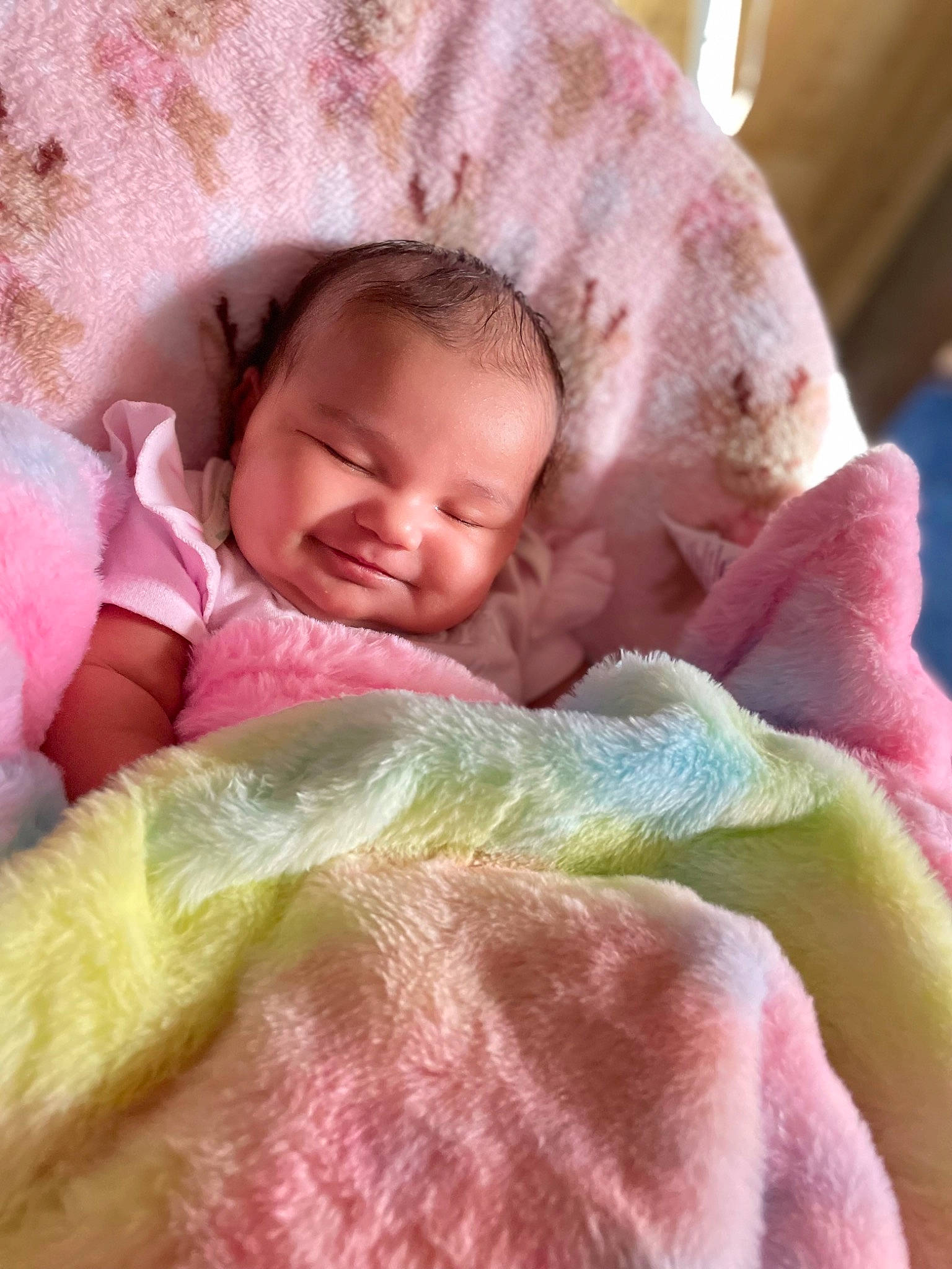 Amora is registered to the contest to win money with this photo: baby, baby_sleeping, baby_toddler_clothing, bedding, cheek, child, chin, comfort, face, facial_expression, head, iris, linens, lip, magenta, person, pink, skin, sleeve, smile