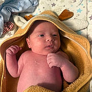 River-Bleu joined the competition — help win amazing prizes! newborn, baby, towel, hooded_towel, blanket, star_pattern, infant, skin, face, hand, fist, lying_down, cute, soft_texture, indoors, resting, young_child, wrapped, cozy, sleepwear