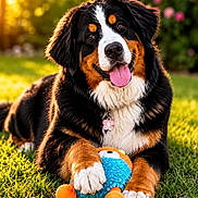 Bell joined the competition — help win amazing prizes! dog, bernese_mountain_dog, grass, toy, outdoor, sunlight, pet, animal, playful, happy, tongue_out, fur, collar, nature, flower, summer, greenery, cute, paw, portrait