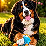 dog, bernese_mountain_dog, grass, toy, outdoor, sunlight, pet, animal, playful, happy, tongue_out, fur, collar, nature, flower, summer, greenery, cute, paw, portrait
