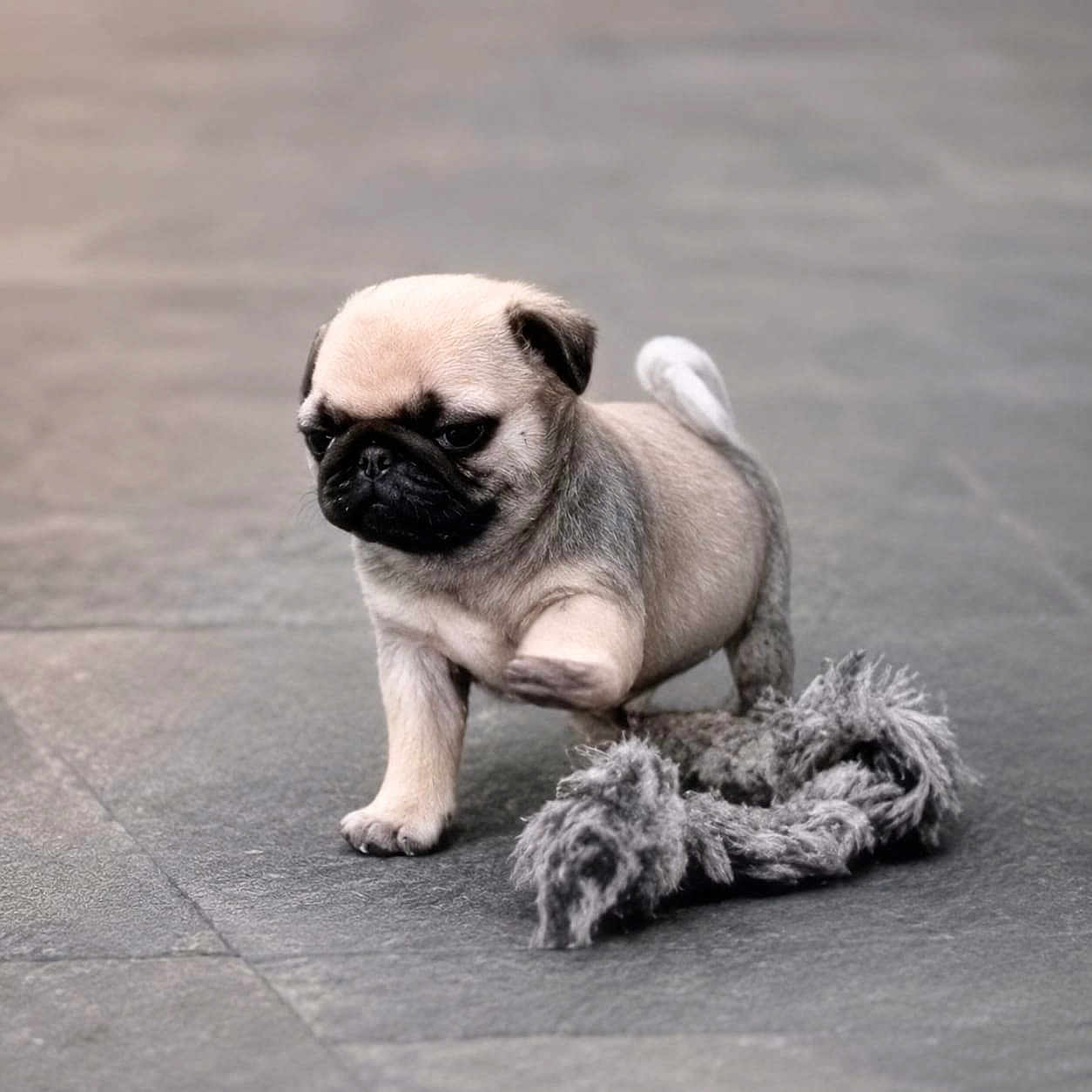 Albert a rejoint le concours — aidez-le/la à gagner de superbes lots ! puppy, dog, pug, pet, animal, cute, toy, indoor, floor, walking, small, fur, playful, young, mammal, pet_toy, adorable, paws, face, tail