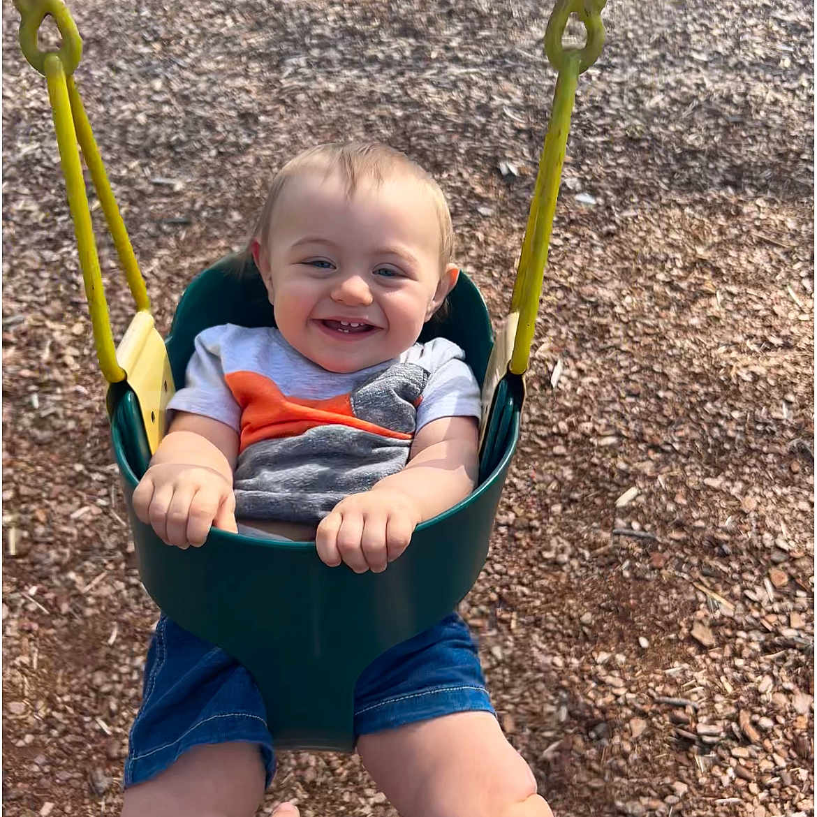 Asher is registered to the contest to win money with this photo: baby, babylaughing, face, grass, happy, head, laughing, nature, outdoorplayarea, outdoors, park, person, photography, plant, playarea, portrait, sitting, smile, swing, toy