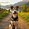Angel a rejoint le concours — aidez-le/la à gagner de superbes lots ! dog, animal, pet, outdoor, nature, mountain, lake, path, grass, sunlight, sky, clouds, forest, fence, summer, cute, portrait, sitting, daytime, scenic