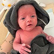 Aaron a rejoint le concours — aidez-le/la à gagner de superbes lots ! newborn, baby, towel, tattoo, hand, plush_toy, bird_toy, skin, indoor, person, face, eyes, infant, soft_texture, cute, baby_hand, blanket, expression, portrait, resting