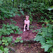 Layla is registered to the contest to win money with this photo: child, forest, trees, leaves, greenery, nature, outdoor, path, dirt, soil, shoes, shorts, tshirt, sitting, alone, young, person, plants, wood, quiet