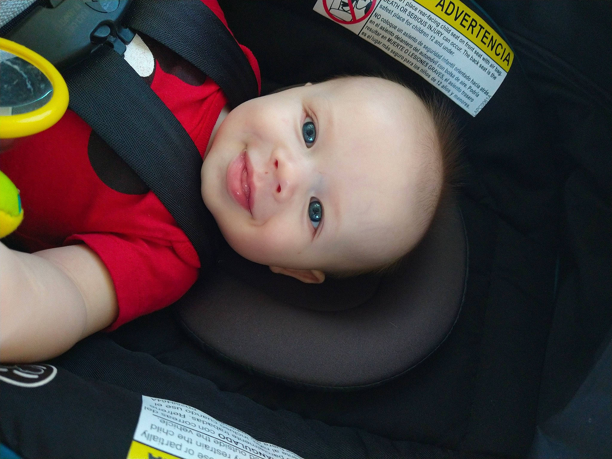 Jaxtyn is registered to the contest to win money with this photo: auto_part, automotive_wheel_system, baby, baby_carriage, baby_products, baby_safety, baby_toddler_clothing, carmine, cheek, child, comfort, flash_photography, fun, joy, nose, person, portrait_photography, sitting, sleeve, smile