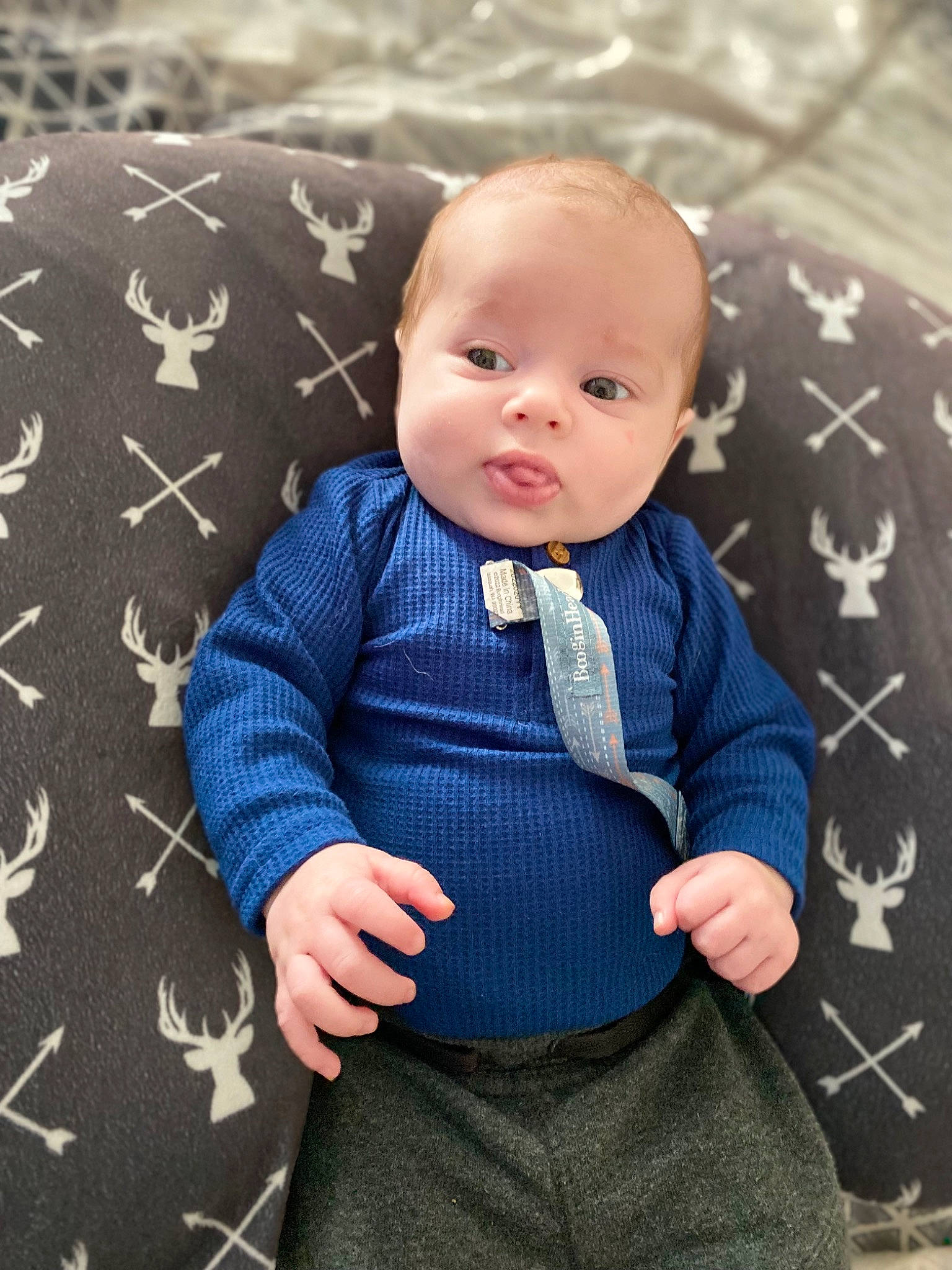 Liam joined the competition — help win amazing prizes! baby, baby_toddler_clothing, child, clothing, collar, comfort, electric_blue, grey, happy, linens, pattern, person, plaid, product, skin, sleeve, smile, t_shirt, toddler, tree