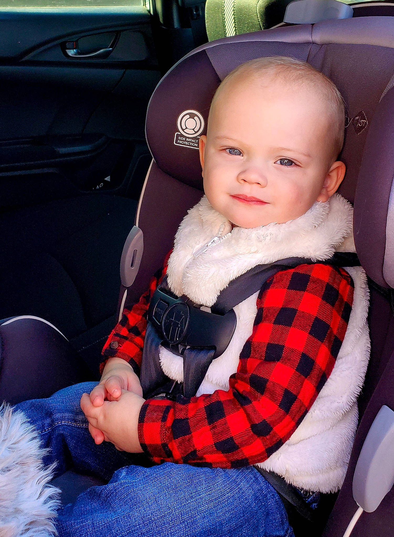 Tabitha joined the competition — help win amazing prizes! auto_part, baby, baby_carriage, baby_in_car_seat, baby_products, car, car_seat, car_seat_cover, child, design, joy, lap, pattern, person, plaid, product, seat_belt, sitting, skin, tartan